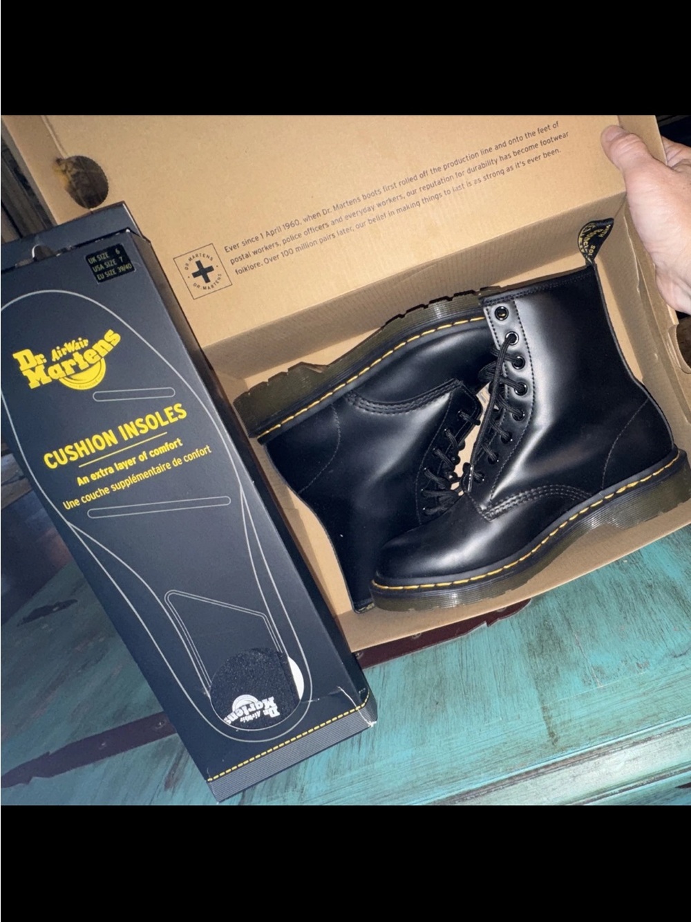Dr. Martens Black Leather 8-Eye Ankle Boots with Yellow Stitching